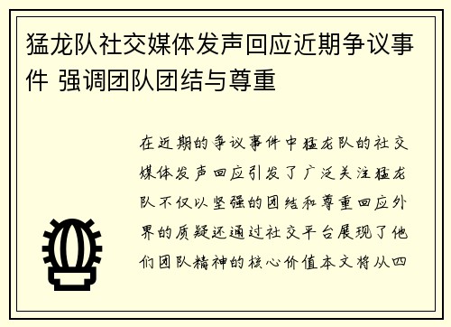 猛龙队社交媒体发声回应近期争议事件 强调团队团结与尊重