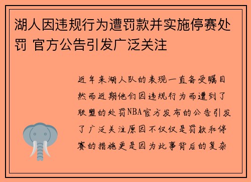 湖人因违规行为遭罚款并实施停赛处罚 官方公告引发广泛关注