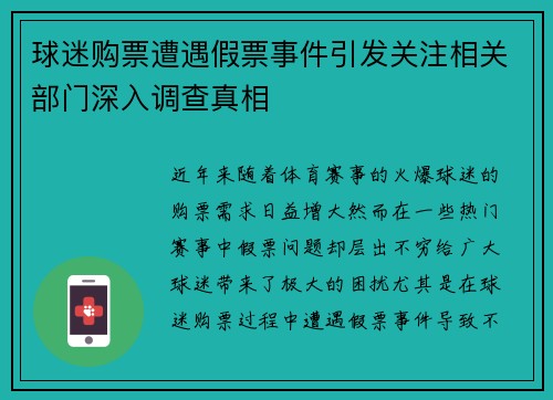 球迷购票遭遇假票事件引发关注相关部门深入调查真相